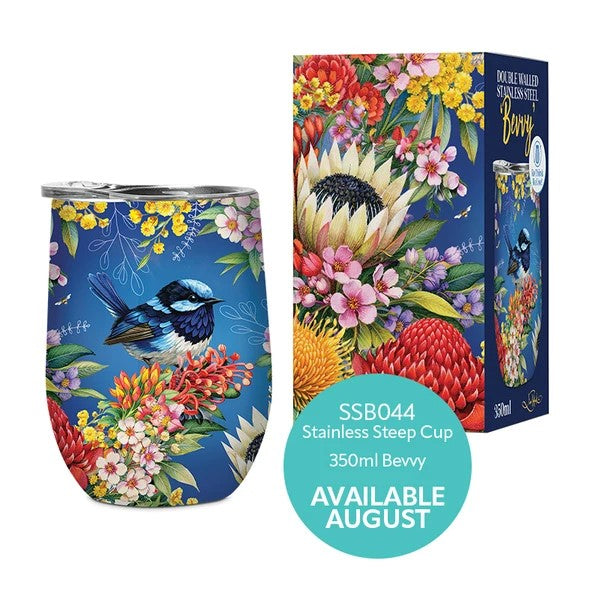 STAINLESS STEEL 'BEVVY' 350ML - FLORAL BLUE WREN