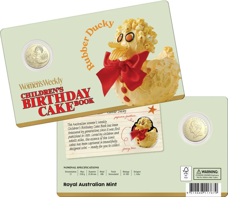 AWW Birthday Cake Rubber Ducky 2025 $1 Uncirculated Coin in Card