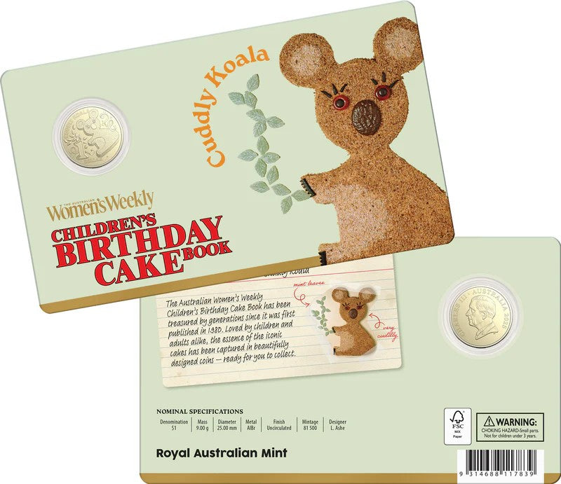 AWW Birthday Cake Cuddly Koala 2025 $1 Uncirculated Coin in Card