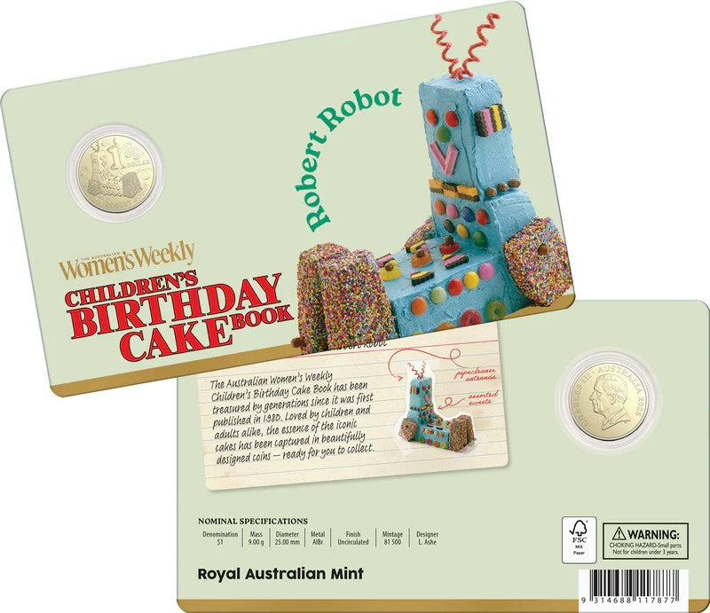 AWW Birthday Cake Robert Robot 2025 $1 Uncirculated Coin in Card