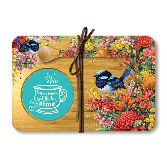 Bamboo Tea time Tray with Spoon 21x14cm Floral Fairy Wrens