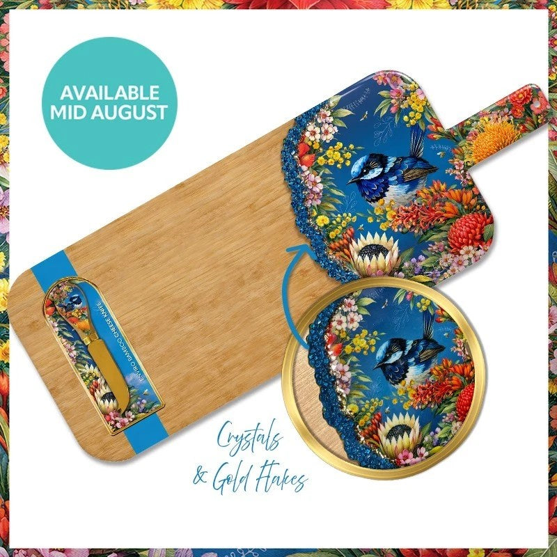 BOARD & CHEESE KNIFE CRYSTAL RESIGN FLORAL FAIRY WRENS